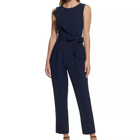 Jessica Howard Sleeveless Ruffle Front Jumpsuit - Navy Blue - size 12P - Picture 8 of 8